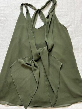 Haute Hippie Olive Green Sleeveless Top Tie Detail Sheer XS Office Casual Fairy